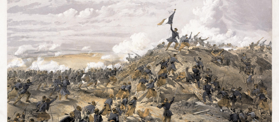 El asalto al Malájov Kurgán, grabado de William Simpson (1855)