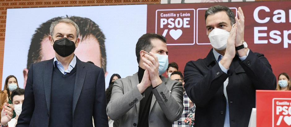 José Luis Rodríguez Zapatero, Luis Tudanca y Pedro Sánchez, en el acto de este domingo en León