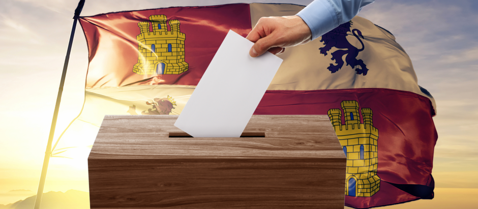 Simulación de ciudadano depositando su voto en las urnas, con la bandera de la Comunidad de Castilla y León por detrás