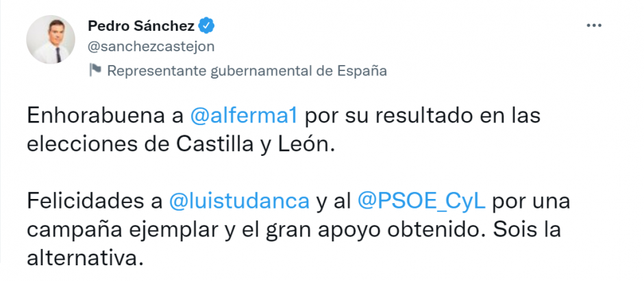 Pedro Sánchez felicita a Alfonso Fernández Mañueco
