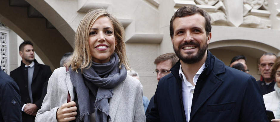 Politician Pablo Casado and Isabel Torres Orts during Spain General Elections in Madrid on Sunday , 10 November 2019.