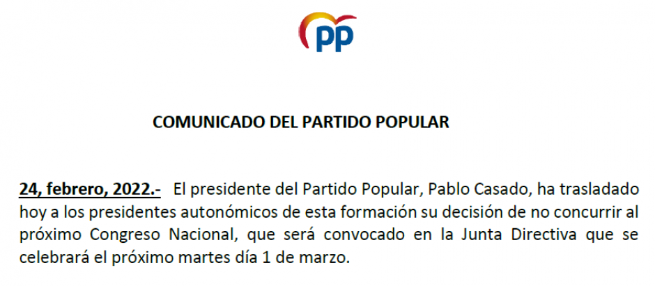 Comunicado del Partido Popular (PP) que pone fin al mandato de Pablo Casdo