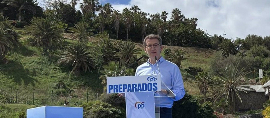 El candidato único a la presidencia del Partido Popular, Alberto Núñez Feijóo, este sábado en Tenerife.