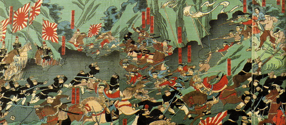 Ilustración japonesa de la Batalla de Shiroyama. Saigō Takamori figura en la imagen con uniforme rojo y negro comandando sus tropas en el extremo superior derecho