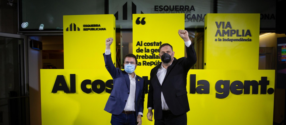 El presidente de la Generalitat, Pere Aragonès, y el líder de ERC, Oriol Junqueras.