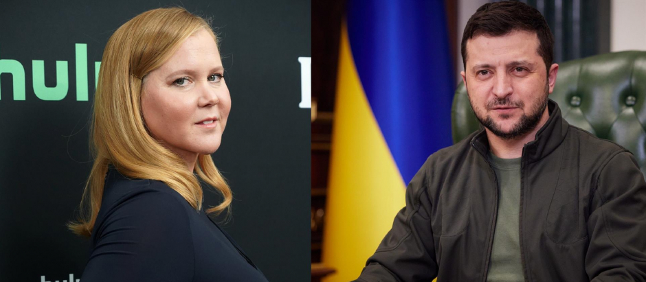 Amy Schumer, una de las presentadoras de la gala de los Oscar, y Volodímir Zelenski, presidente de Ucrania
