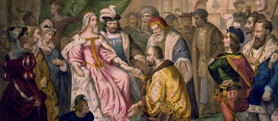 Cristóbal Colón ante los Reyes Católicos en la corte de Barcelona (V. Turgis, siglo xix)