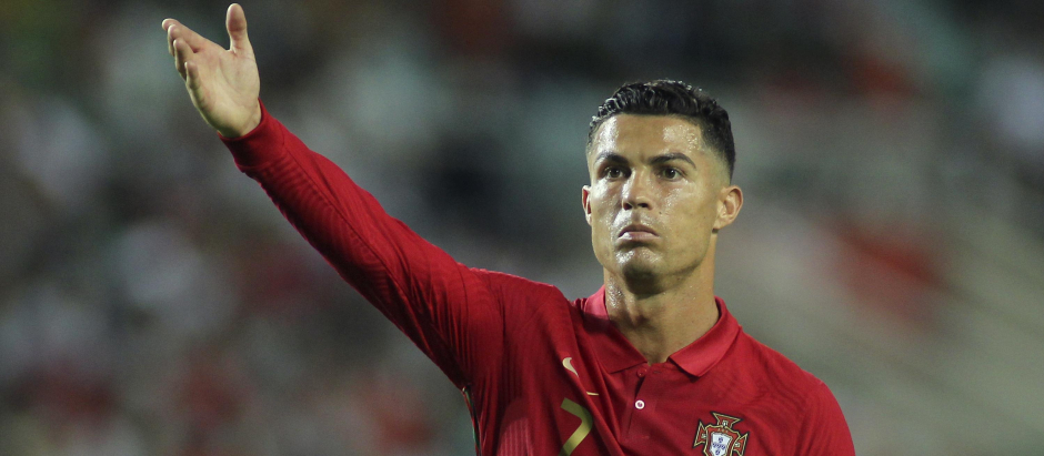 Portugal's Cristiano Ronaldo  during the international friendly soccer match between Portugal and Qatar at the Algarve stadium outside Faro, Portugal, Saturday, Oct. 9, 2021