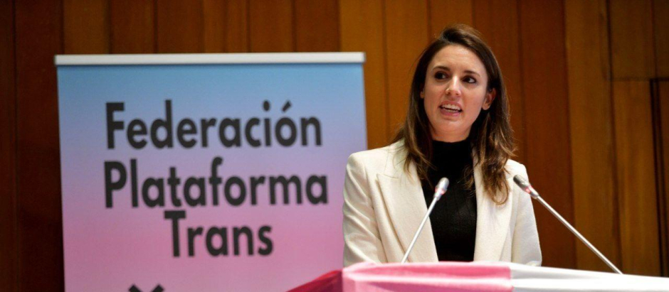La ministra de Igualdad, Irene Montero, en el encuentro celebrado por la Federación trans del Estado Español Plataforma Trans, el pasado 31 de marzo de 2022