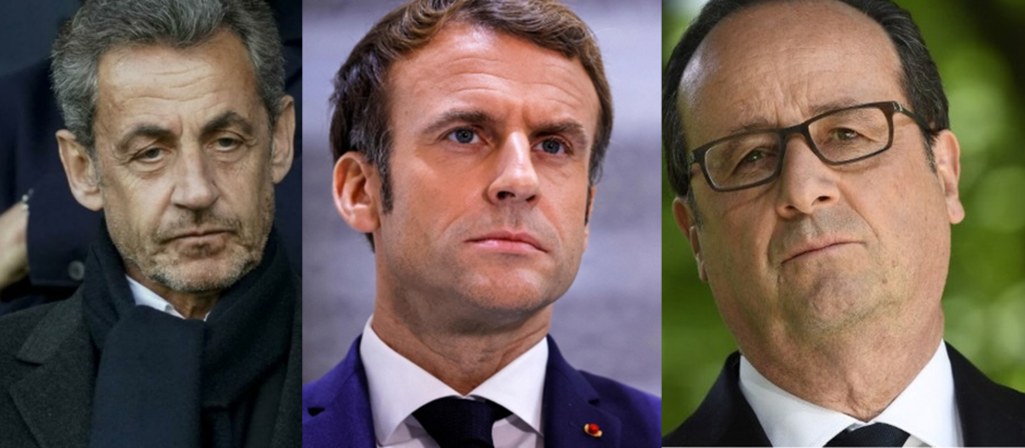 Nicholas Sarkozy, Emmanuel Macron, y François Hollande, presidentes de Francia
