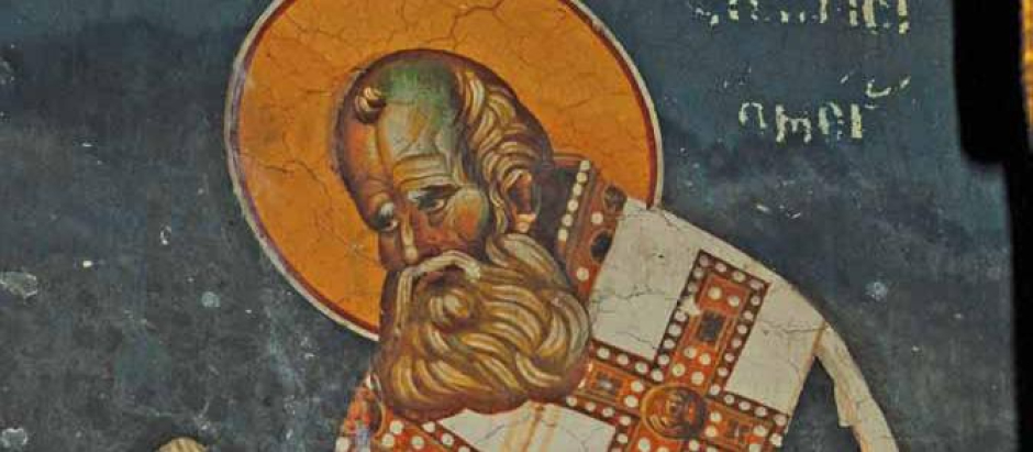 San Atanasio. Fresco de la iglesia de la Theotokos Peribleptos en Ohrid, Macedonia del Norte