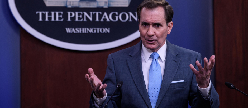 (FILES) In this file photo taken on February 01, 2022 Pentagon spokesman John Kirby speaks during a briefing at the Pentagon in Washington, DC. - An emotional Pentagon spokesman lashed out April 29, 2022 at Russian President Vladimir Putin's "depravity" in Ukraine, questioning how any moral person could defend bombing hospitals and summary executions of innocent people. (Photo by Nicholas Kamm / AFP)