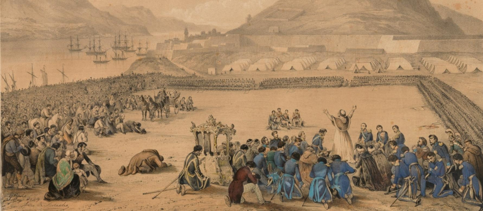 Pío IX bendice a las tropas españolas que acuden en su ayuda en las costas de Gaeta