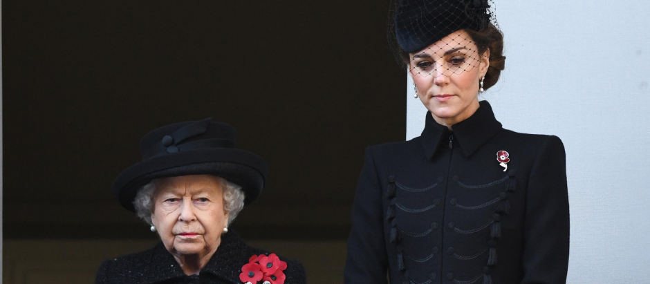Queen Elizabeth and Kate Middleton at the Remembrance Sunday ceremony in Whitehall in London, Sunday, Nov. 10, 2019