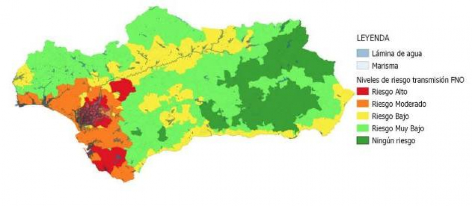 Mapa con áreas de riesgo de transmisión del VNO