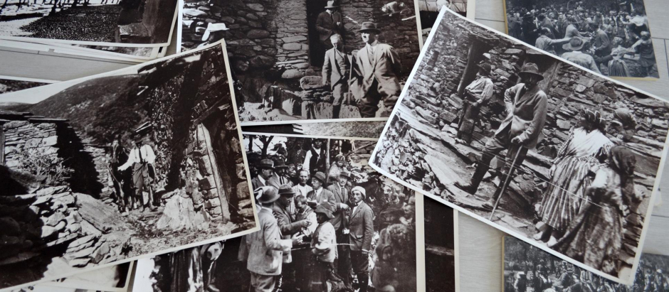 Vista de algunas de las fotografías que recuerdan la visita que el rey Alfonso XIII hizo a la comarca cacereña de Las Hurdes en junio de 1922. Casi cien años después de que Alfonso XIII recorriera a caballo y a pie estas tierras (del 20 al 24 de junio de 1922), el rey Felipe VI las visita esta semana para conmemorar aquel viaje