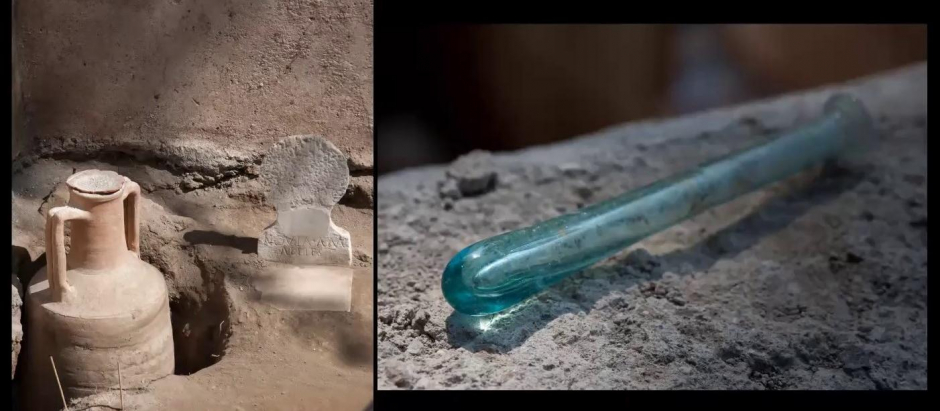 Urna de vidrio azulado donde se ha encontrado lo que podría ser el vino más antiguo del mundo