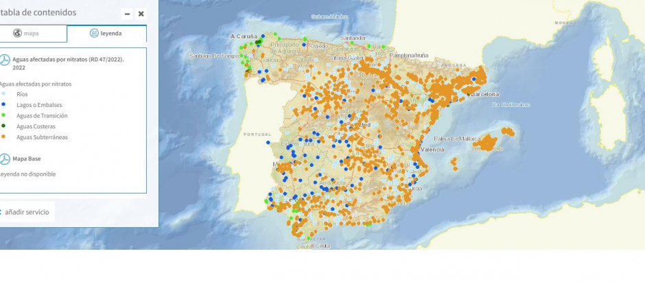 El mapa de las aguas contaminadas por nitratos