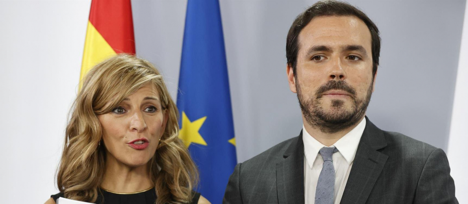 Yolanda Díaz y Alberto Garzón, en la rueda de prensa posterior al Consejo de Ministros celebrado el pasado martes