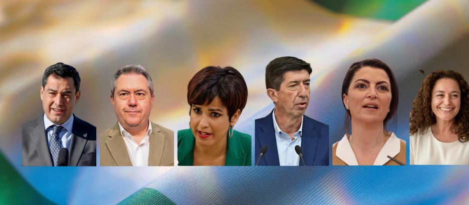 Los candidatos a las elecciones de Andalucía, de izquierda a derecha: Juanma Moreno (PP-A), Juan Espadas (PSOE-A), Juan Marín (Cs), Inmaculada Nieto (Por Andalucía), Macarena Olona (Vox) y Teresa Rodríguez (Adelante Andalucía)