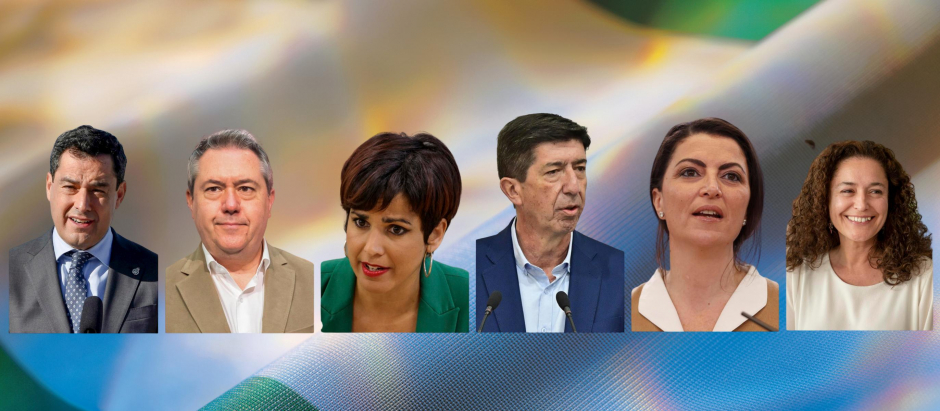 Juanma Moreno (PP-A), Juan Espadas (PSOE-A), Juan Marín (Cs), Inmaculada Nieto (Por Andalucía), Macarena Olona (Vox) y Teresa Rodríguez (Adelante Andalucía)