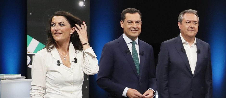 Macarena Olona (Vox), Juanma Moreno (PP) y Juan Espadas (PSOE)