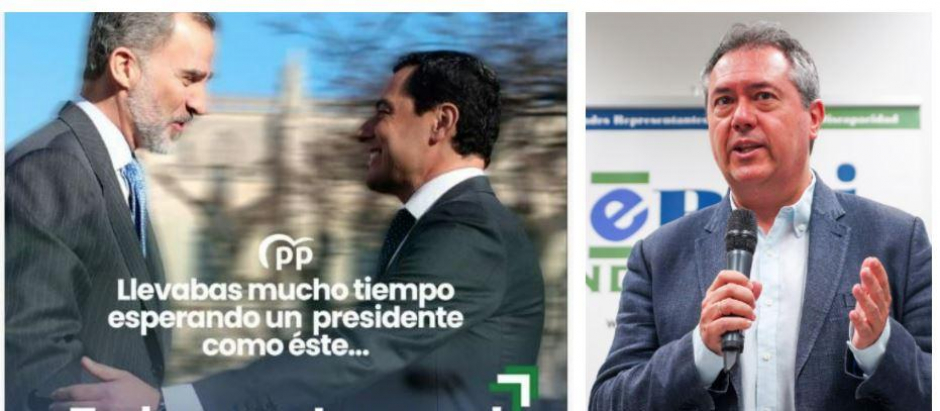 A la izquierda, la foto de la polémica, denunciada por el socialista Juan Espadas (a la derecha) ante la Junta Electoral