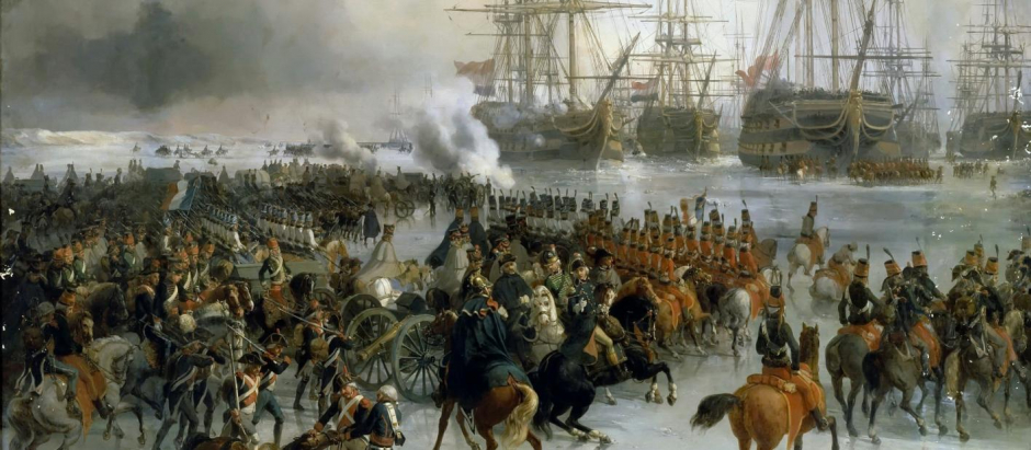 La caballería francesa toma la flota de batalla atrapada en el hielo en las aguas de Texel, 21 de enero de 1795 (por Charles Louis Mozin)