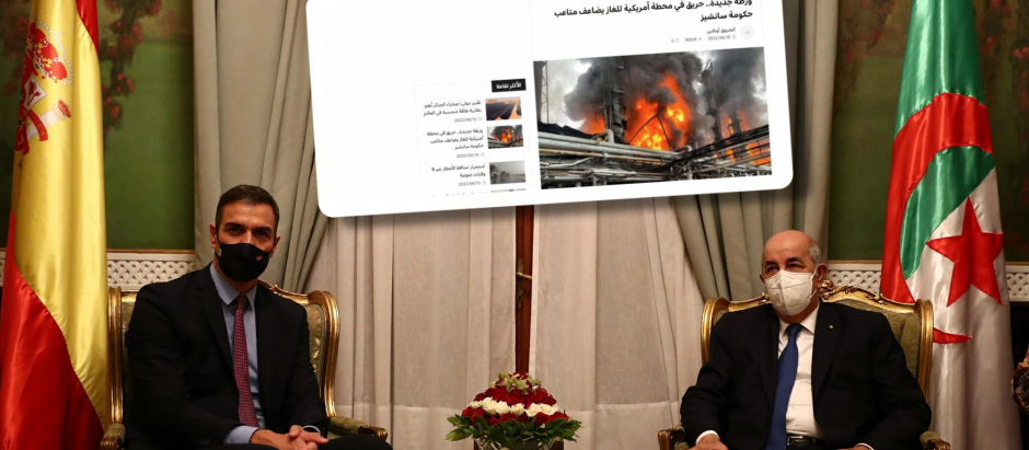 Pedro Sánchez y Abdelmadjid Tebboune con una captura de pantalla del medio argelino Echorouk