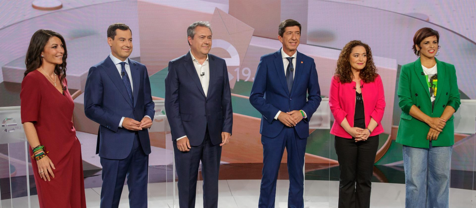 Los seis principales candidatos a la Presidencia de la Junta de Andalucía, Macarena Olona, Juanma Moreno, Juan Espadas, Juan Marín, Inmaculada Nieto y Teresa Rodríguez