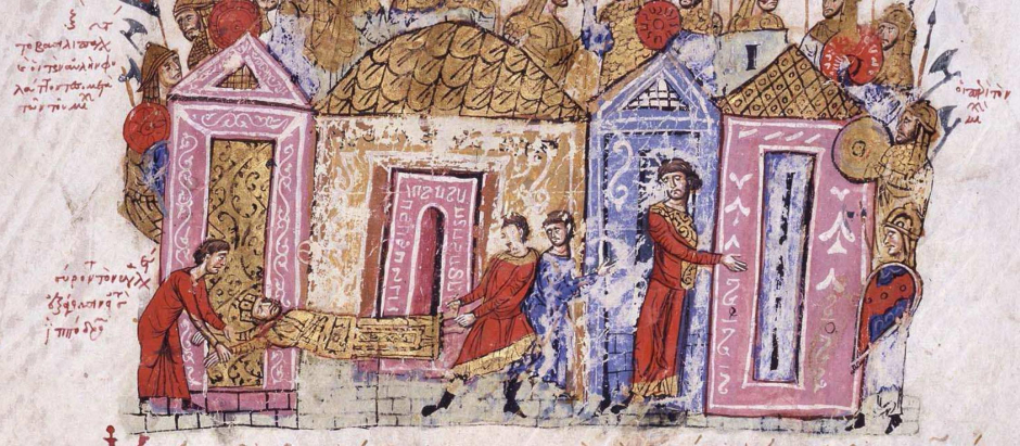 Representación casi contemporánea de los guardias varegos bizantinos , en una iluminación de Skylitzes Chronicle