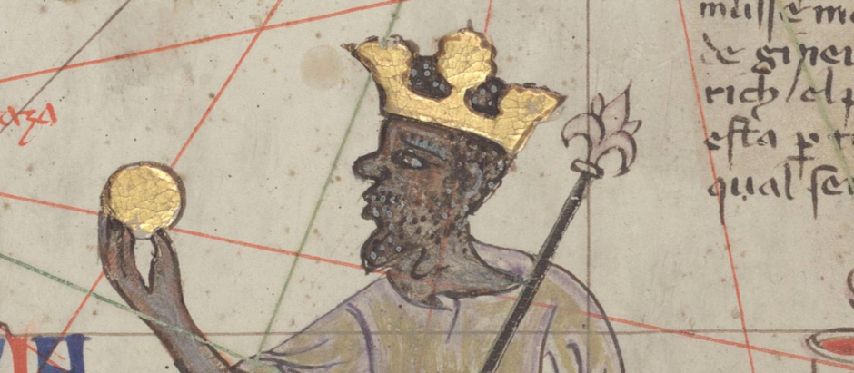 Musa representado sosteniendo una pepita de oro en el Atlas Catalán de 1375