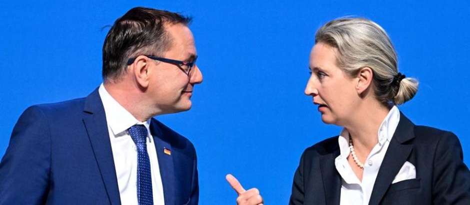 Tino Chrupalla (L) and Alternative for Germany (AfD) deputy chairwoman Alice Weidel