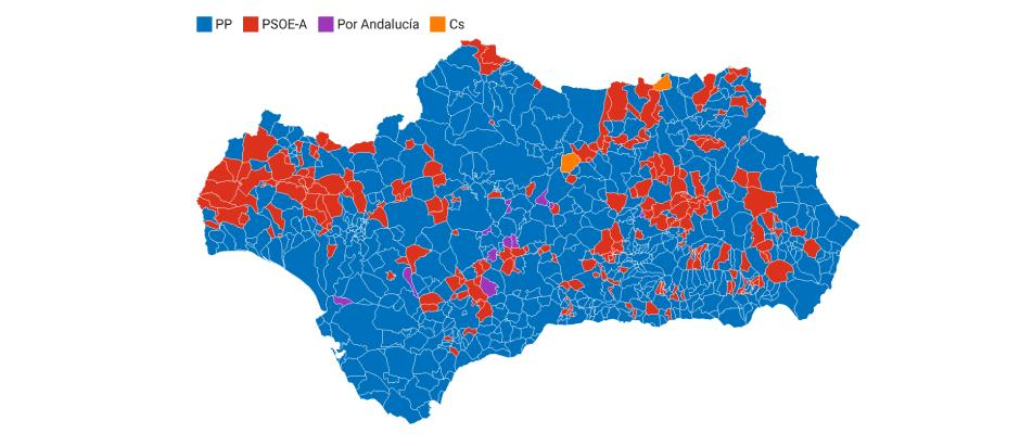 El Partido Popular ganó en el 72 % de las localidades de Andalucía, por un 26 % en las que se impuso el PSOE