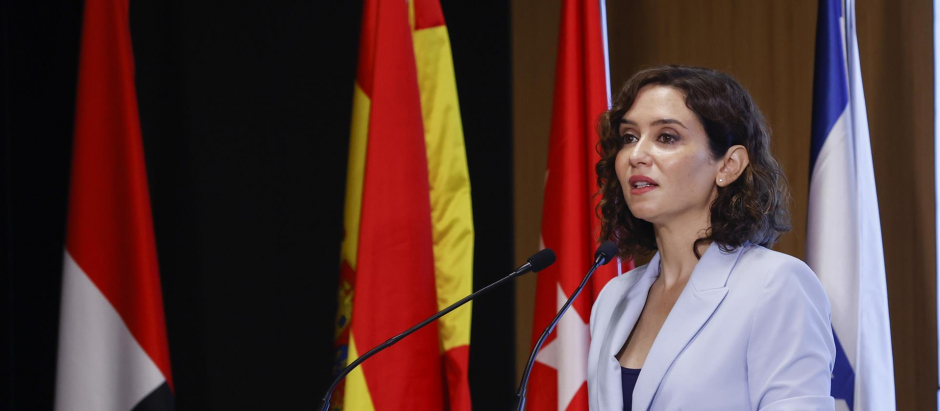 La presidenta de la Comunidad de Madrid, Isabel Díaz Ayuso, durante su intervención en la inauguración de Madrid and the New Middle East, este lunes