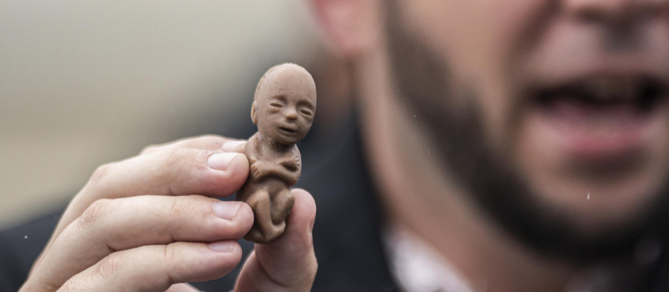 Un activista provida con un modelo de un feto humano frente al Tribunal Constitucional de Estados Unidos