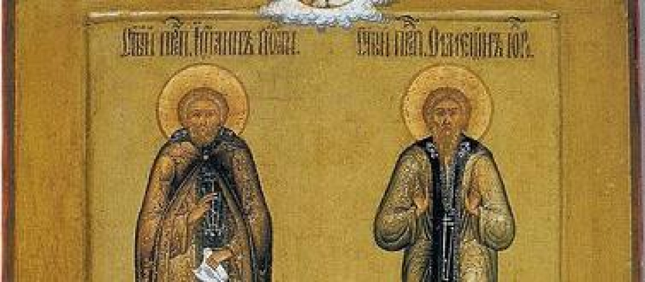 Simeón el Santo Loco y su amigo Ioann, ícono ortodoxo oriental