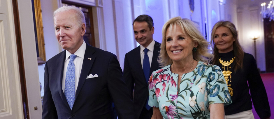 President Joe Biden and first lady Jill Biden during a reception for Greek Prime Minister in the East Room of the White House in Washington, Monday, May 16, 2022.