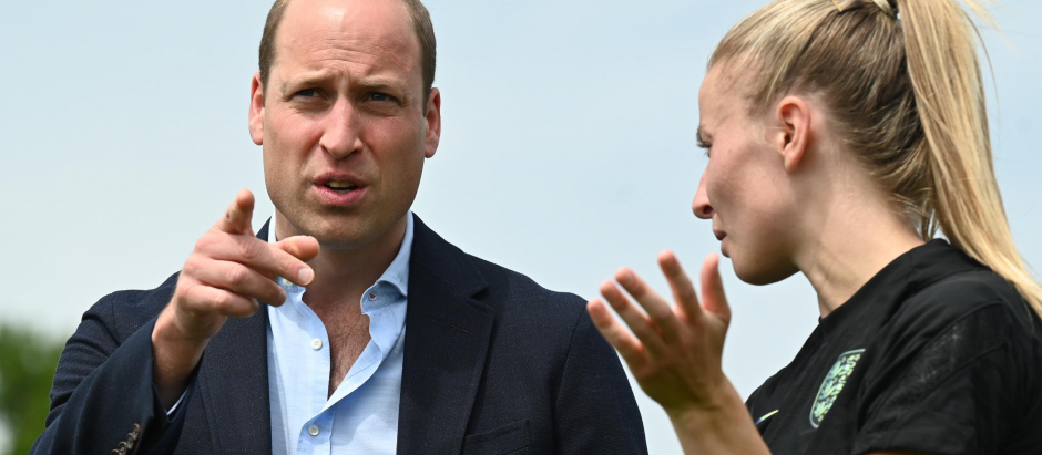 Prince William, The Duke of Cambridge with England captain Leah Williamson during a visit to St George's Park, England's national football centre in Burton-on-Trent, to meet with the England women's team ahead of UEFA Women's Euro 2022.