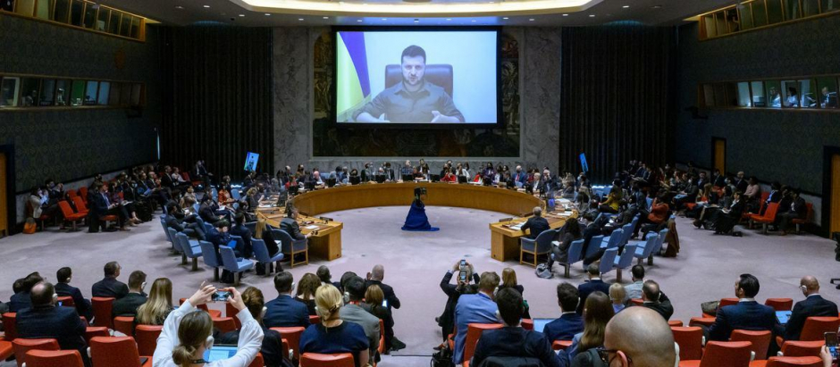 Volodímir Zelenski durante su discurso en el Consejo de Seguridad
