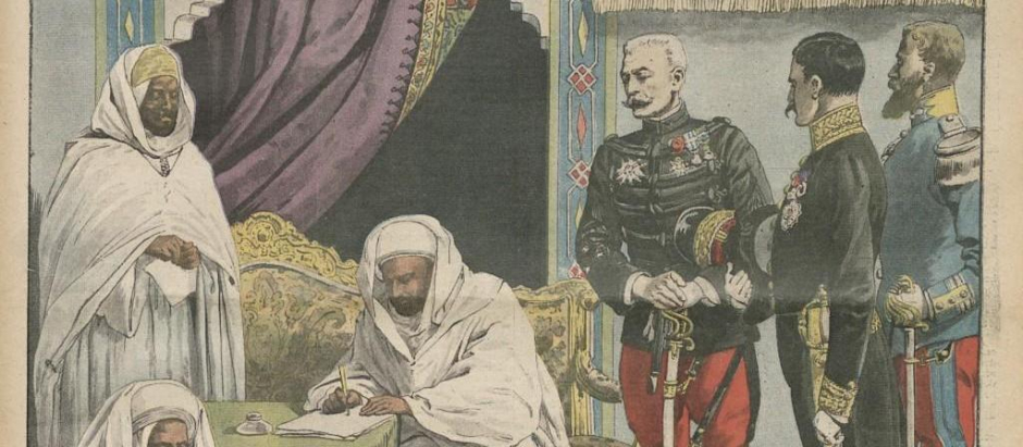 Una ilustración de Abd al-Hafid firmando el Tratado de Fez en la portada del Supplément illustré semanal de Le Petit Journal (1912)