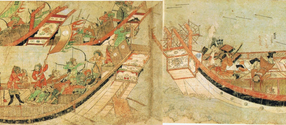 Samurai abordando barcos de la segunda flota de invasión de Mongolia, matando a los soldados mongoles a bordo, 1281