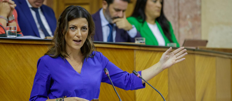 La portavoz del grupo parlamentario de Vox Andalucía, Macarena Olona, durante su intervención en la segunda sesión del pleno de investidura