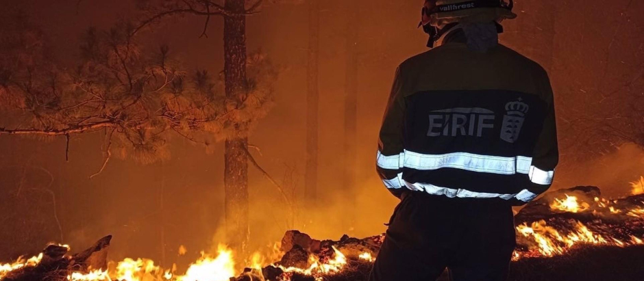 Un efectivo de la EIRIF trabaja en las labores de extinción del incendio de Tenerife