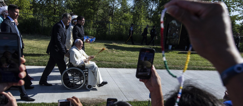 Pope Francis at the water the annual pilgrimage event in Lac Ste. Anne, Alberta, as part of his papal visit across Canada on Tuesday, July 26, 2022.  *** Local Caption *** .