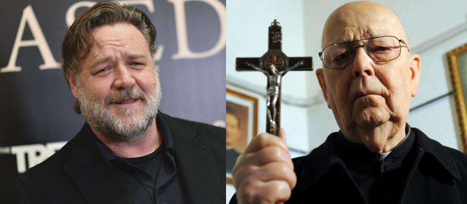 El actor Russell Crowe y el difunto exorcista del Vaticano, Gabriele Amorth