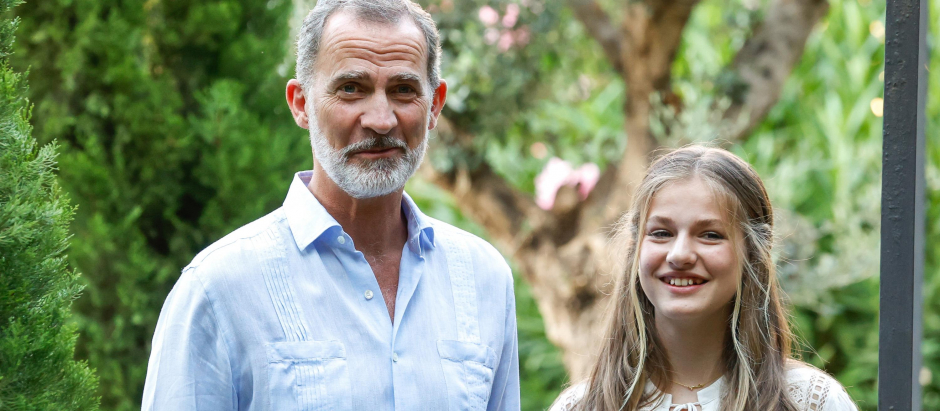 Spanish King Felipe VI with daughter Princess of Asturias Leonor of Borbon during a visit to Cartuja de Valdemossa in Mallorca, on Monday 01 August 2022.
