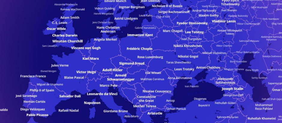 Vista de Europa del mapa 'Notable people', que sitúa a las personas más influyentes de la historia según su lugar de nacimiento