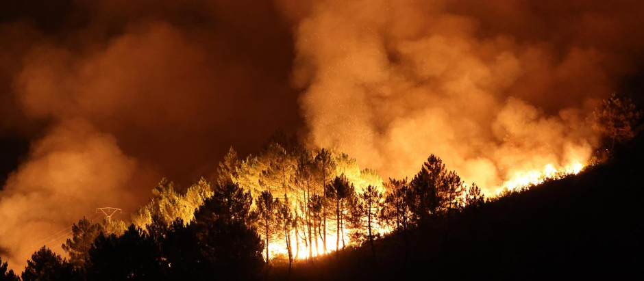 Vista del incendio que arrasa los alrededores de la localidad de Campobecerros, Orense.