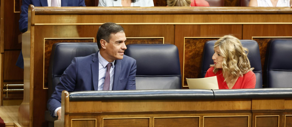 Pedro Sanchez and Yolanda Diaz during nation debate at the Spanish Parliament in Madrid on Thursday, 14 July 2022.